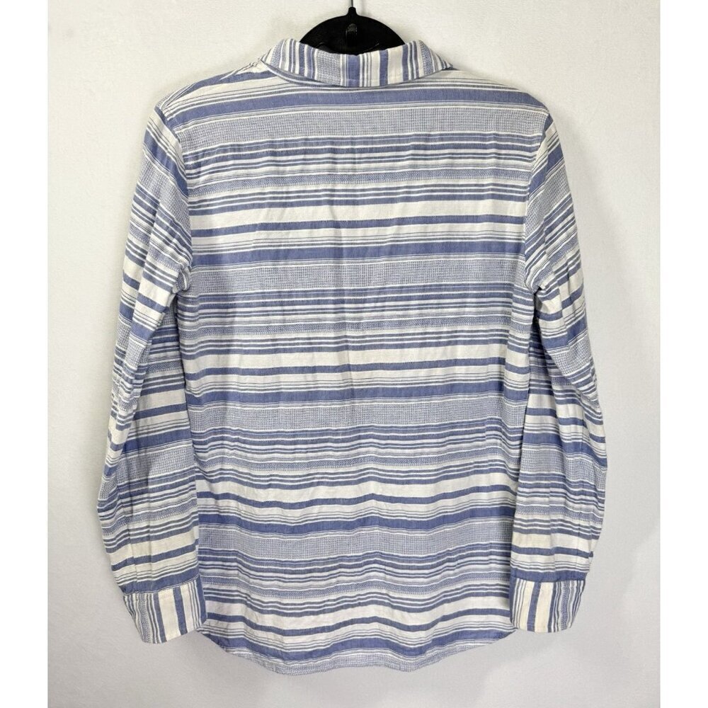 Talbots Roll Tab Sleeve Top Womens Small Blue White Stripe Collared Cotton EUC - Picture 3 of 8